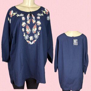 Jessica London +22 Navy Embroidered Floral Crew Keyhole Neck Half Sleeve Top